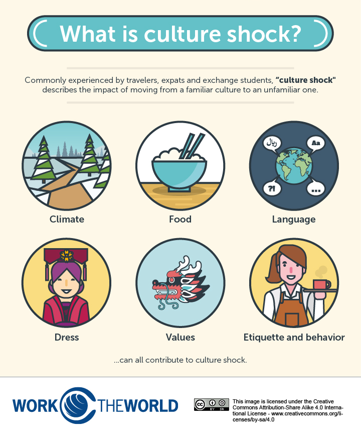 Infographic describing what can cause culture shock: climate, food, language, dress, values, ettiquette and behavior can all contribute to culture shock.