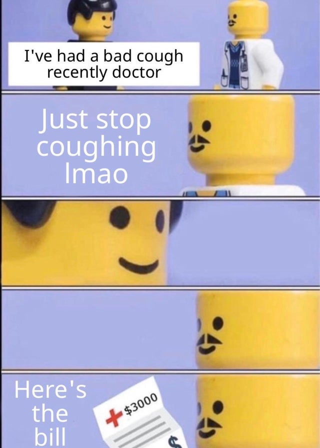 Two toy lego figures having a conversation about the US healthcare system