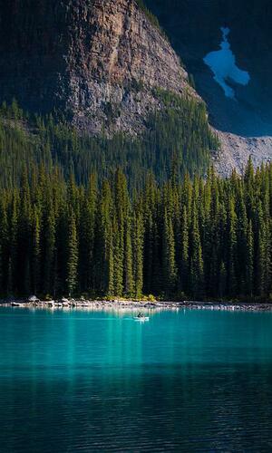 Lake by a tall forest and large mountain